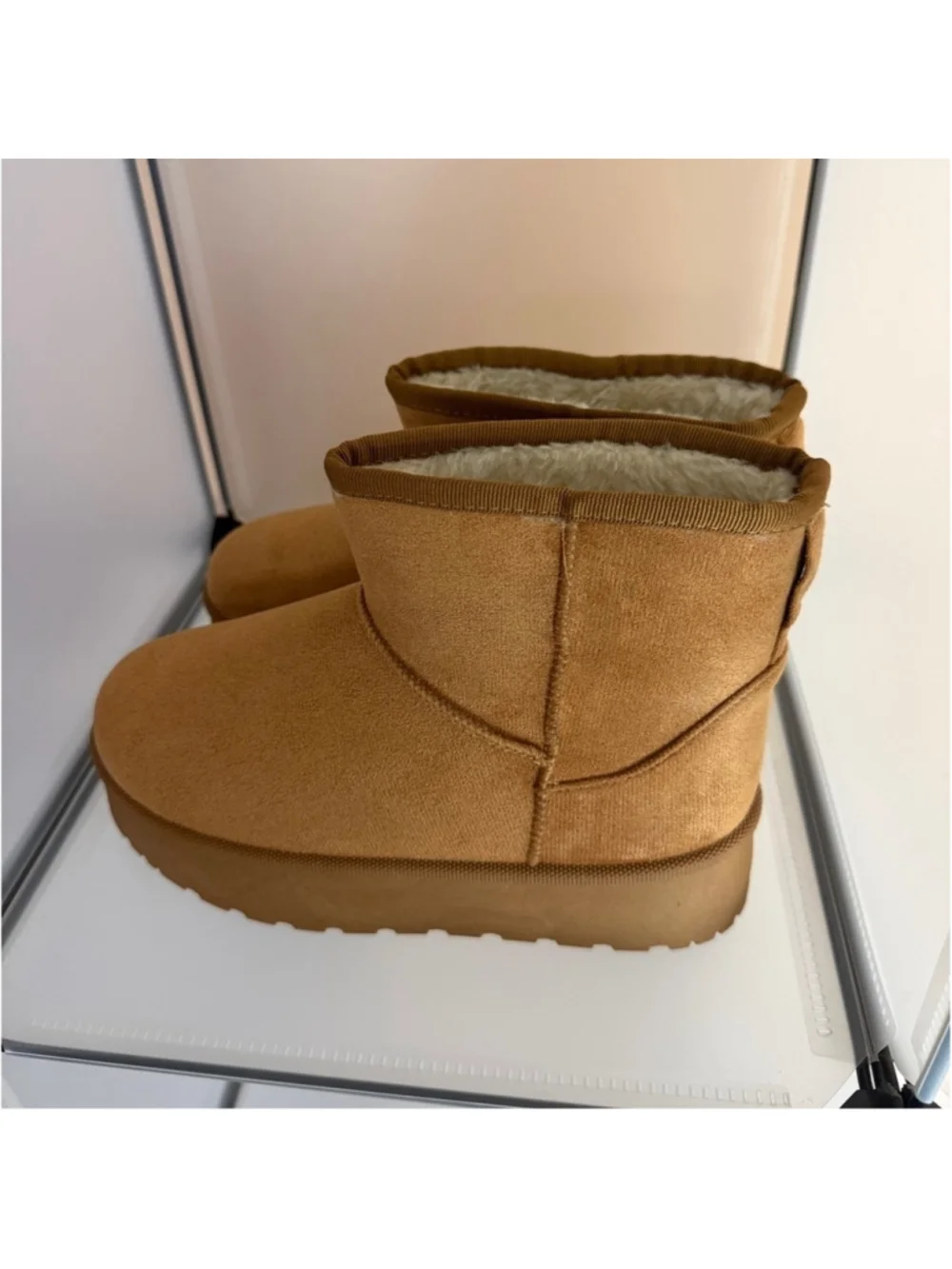Women's Furry Faux Suede Ankle Platform Booties Tan Size 7.5 New